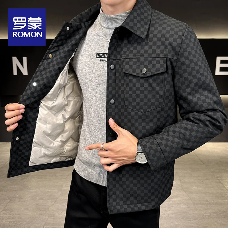 罗蒙轻薄羽绒服男士秋冬季修身棋盘格夹克外套翻领休闲商务保暖服