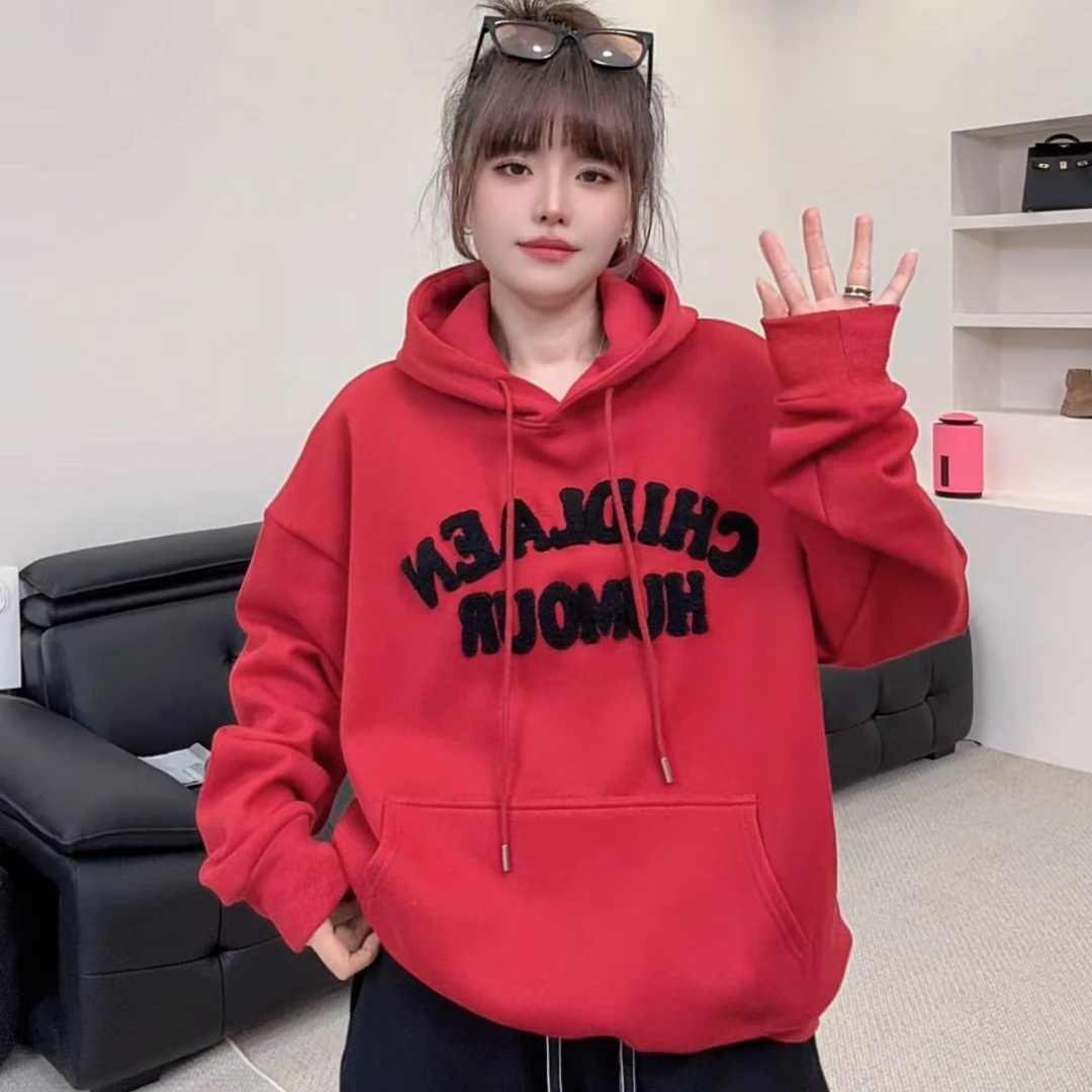 【郁儿严选】87976冬款新款百搭连帽抽绳字母长袖宽松卫衣加绒