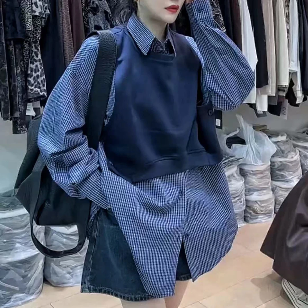 【郁儿严选 】秋装新款设计感千鸟格衬衫长袖+马甲背心两件套上衣