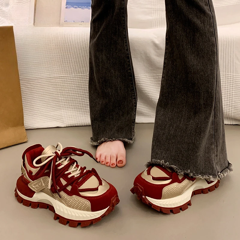 爆款厚底增高老爹鞋女2025年春秋季时尚拼色运动休闲鞋华夫阿甘鞋