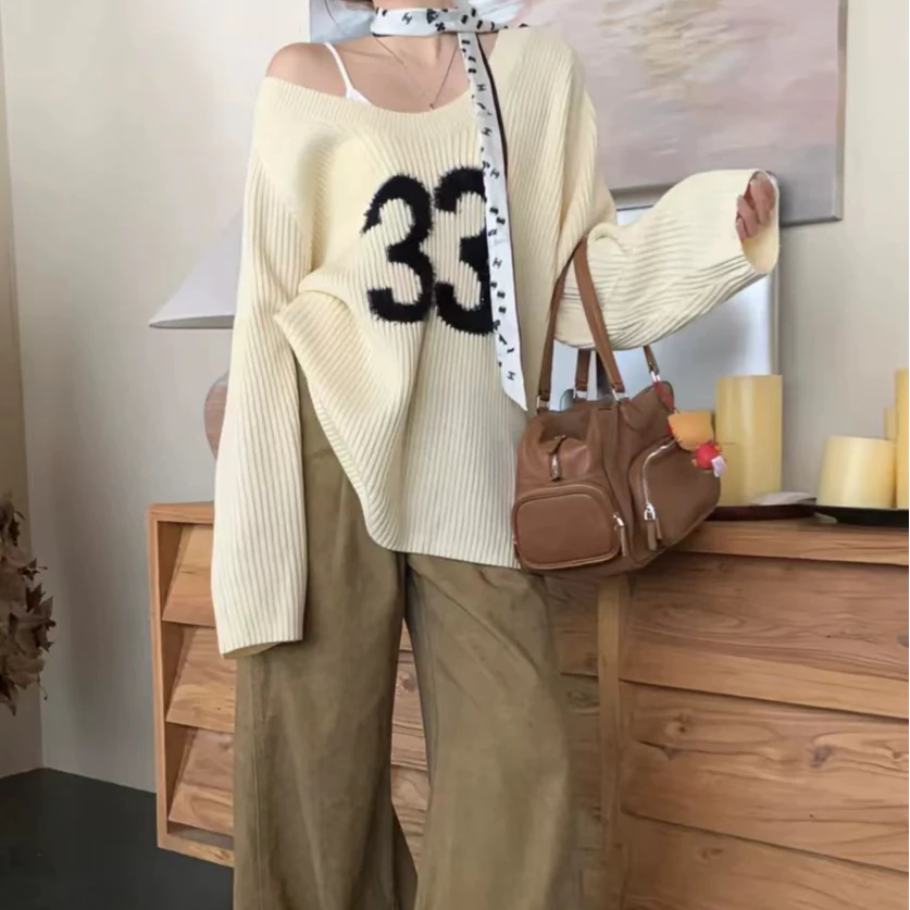 大U领提花毛衣女秋冬款辣妹露肩外搭针织衫宽松显瘦洋气小众上衣