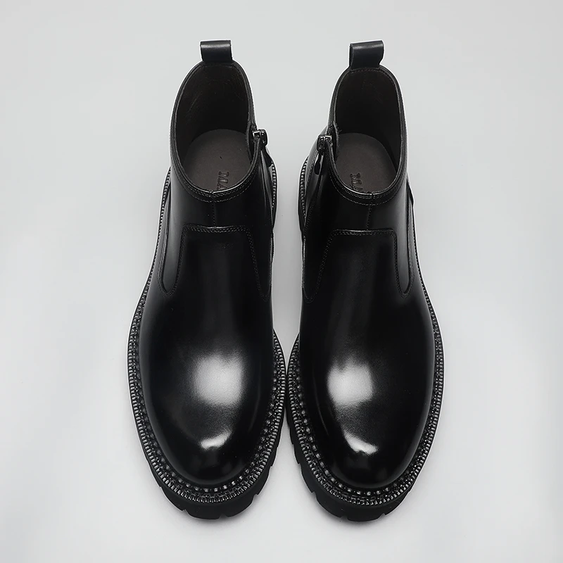 秋冬厚底商务马丁靴中帮真皮保暖切尔西靴男圆头英伦短靴皮靴男潮