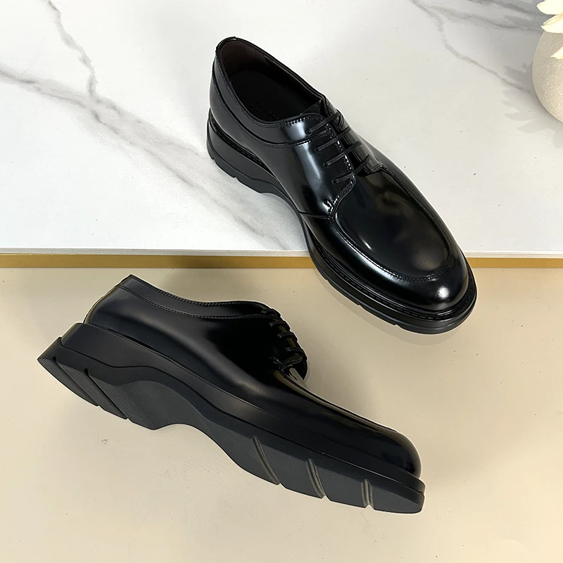 英伦风商务正装皮鞋透气圆头系带亮面牛皮男鞋休闲百搭厚底鞋增高