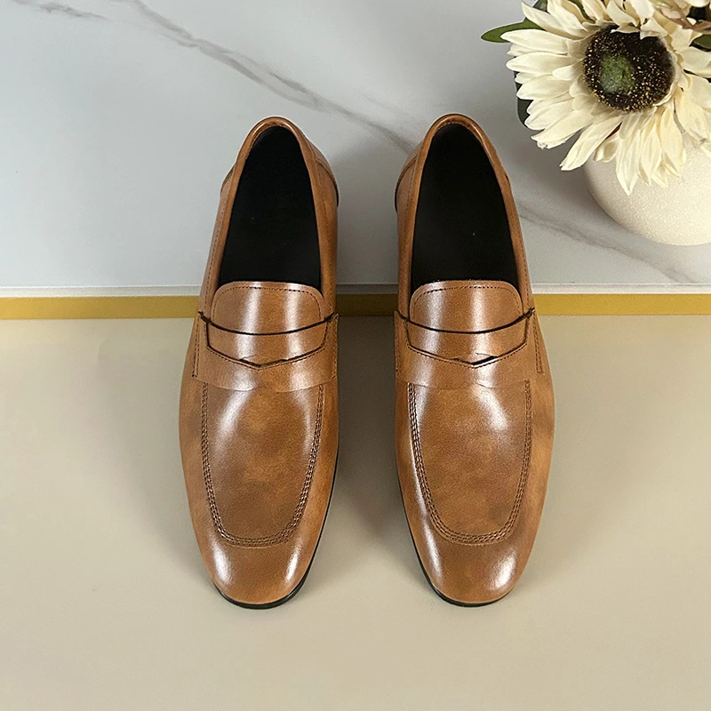 时尚男士乐福鞋手工英伦真皮商务休闲皮鞋潮流复古一脚蹬懒人鞋