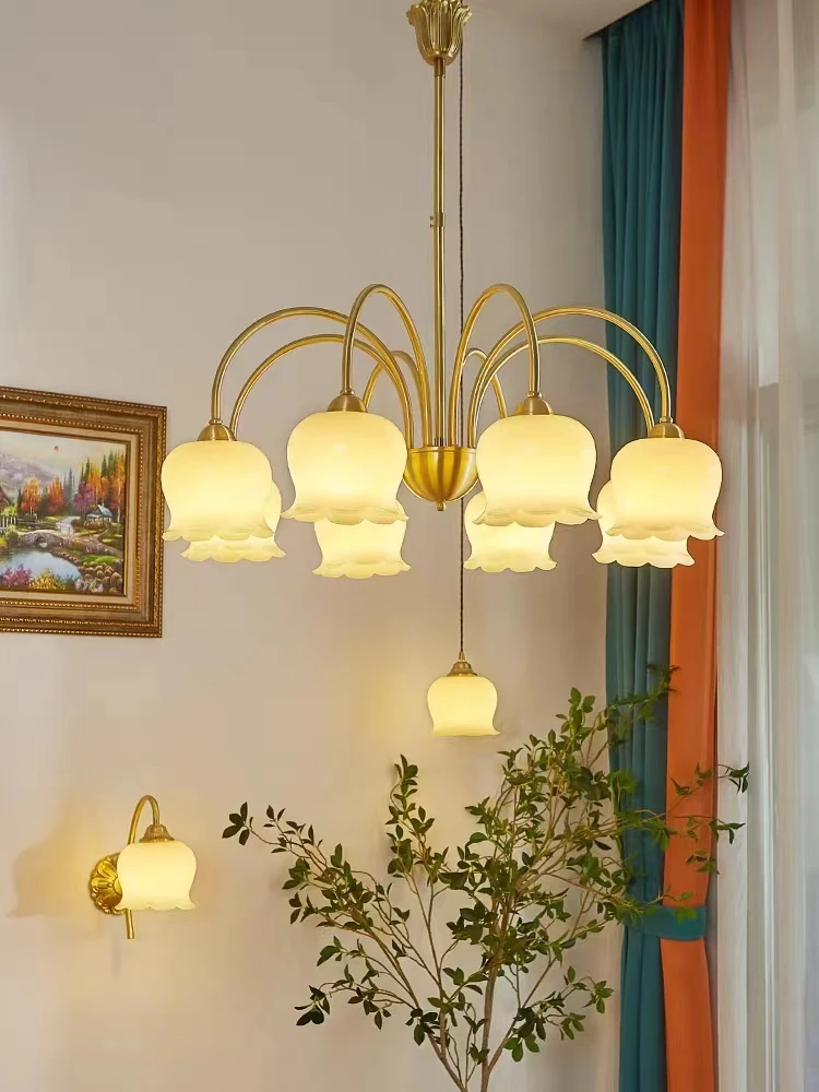 法式奶油风铃兰花朵吊灯美式复古轻奢现代简约客厅餐厅卧室全铜灯