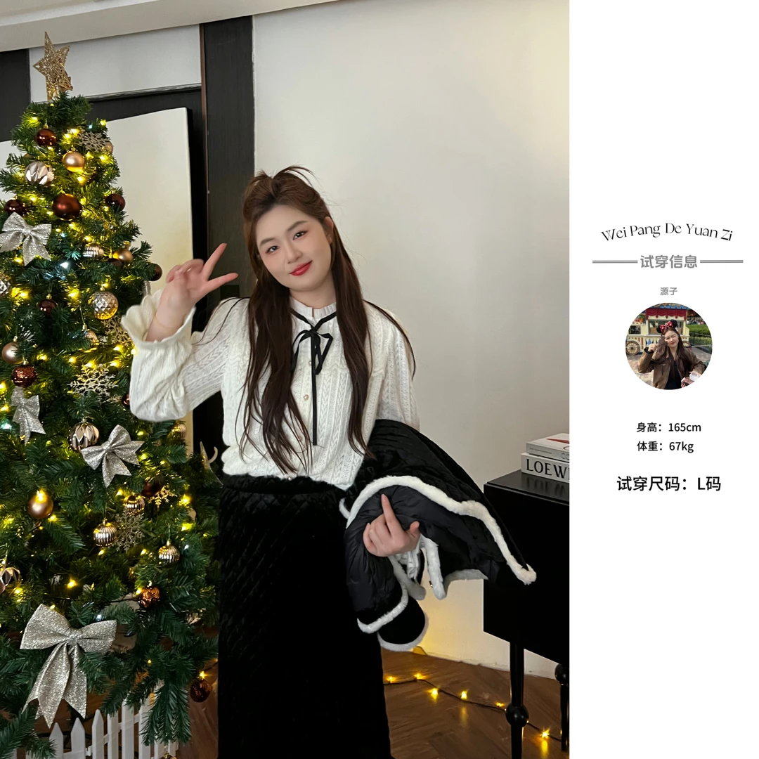 NANXU/楠序源子【浪漫演绎】微胖女装 2023冬季磨毛蕾丝衫女YZ20215