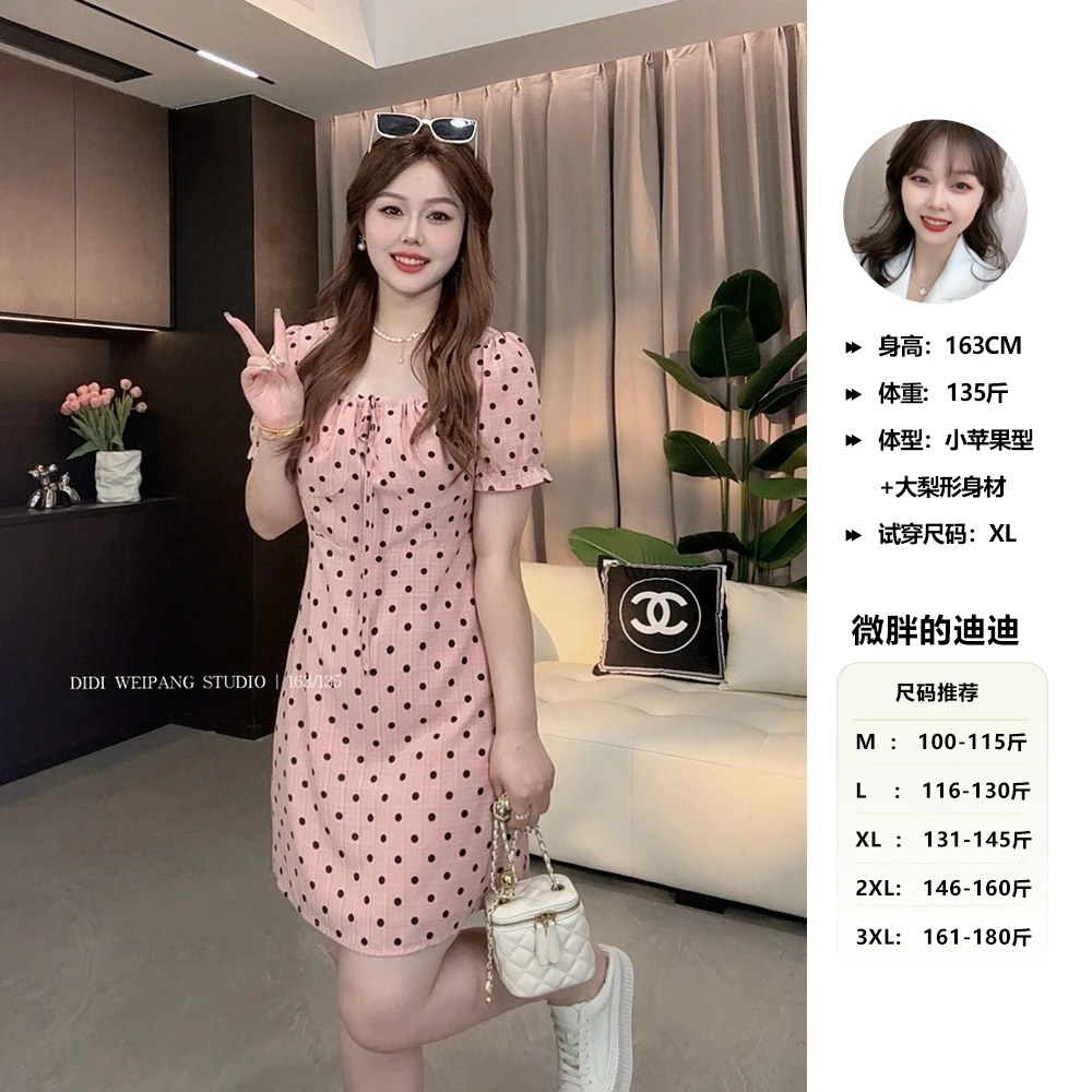 楠序源子微胖女装2025夏季显瘦方领波点连衣裙女薄款DD8216