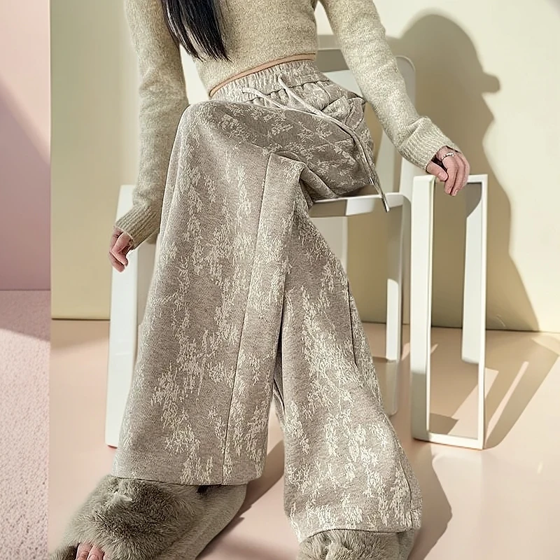 2024秋冬加绒加厚针织阔腿裤女新款高腰百搭休闲提花慵懒拖地裤