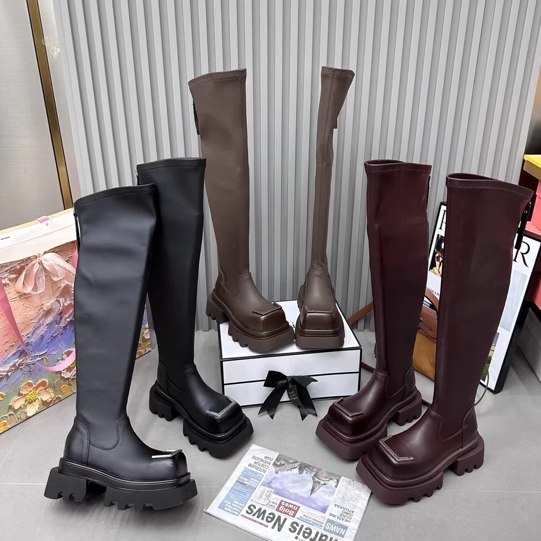 欧洲站2024秋冬新烟筒靴真皮复古套脚短靴方头厚底增高切尔西靴女