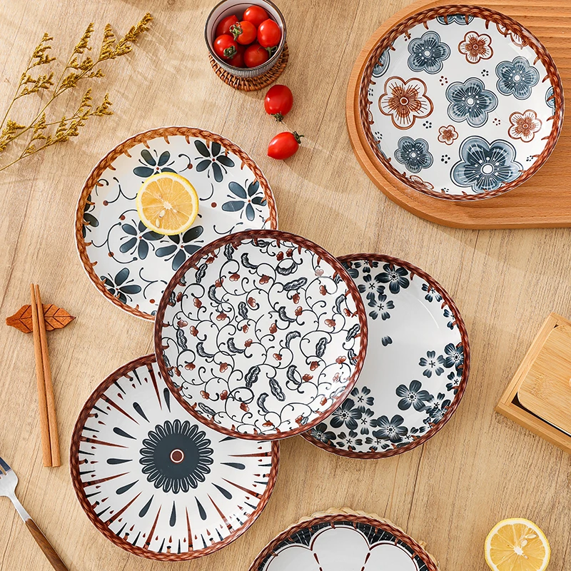 家用菜盘6个装釉下彩陶瓷碟子圆形盘子日式深菜盘可微波炉早餐盘