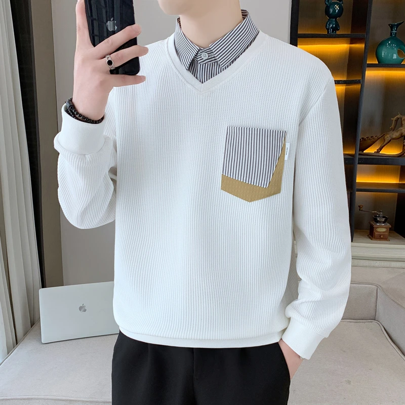 秋季男士假两件卫衣衬衫领休闲百搭长袖