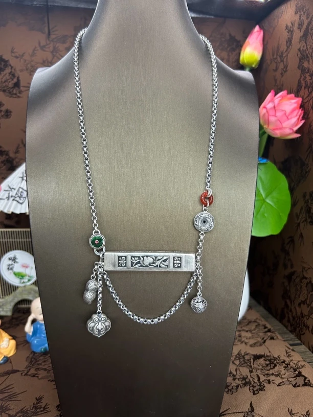 链子925银 小郑家纯银手工簪刻针筒坠链