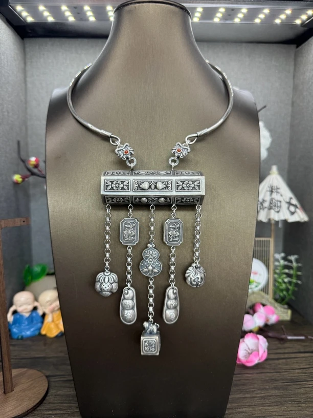 吊坠925银 小郑家纯银手工簪刻石榴方锁单吊坠