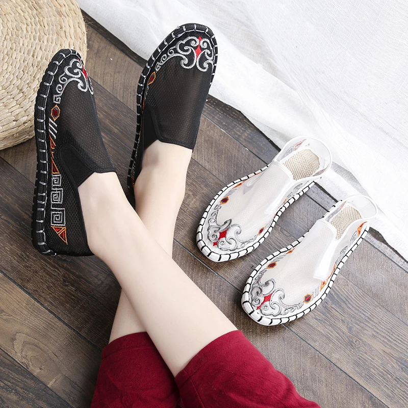 夏季老北京布鞋男镂空网纱千层底手工布鞋网面凉鞋一脚蹬懒人布鞋