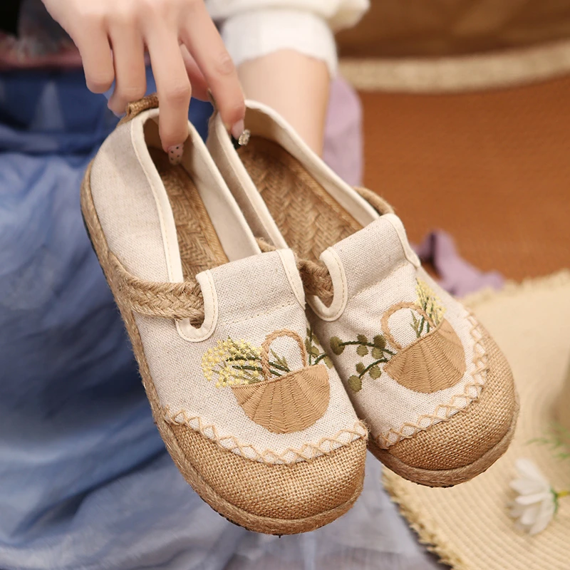 春夏季软底女式单鞋棉麻小布鞋复古菜篮中式牛筋底鞋圆头手工布鞋