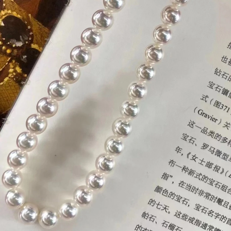 akoya海水珍珠项链近天女品质正圆强光基本无暇7.5-8.5mm白透粉