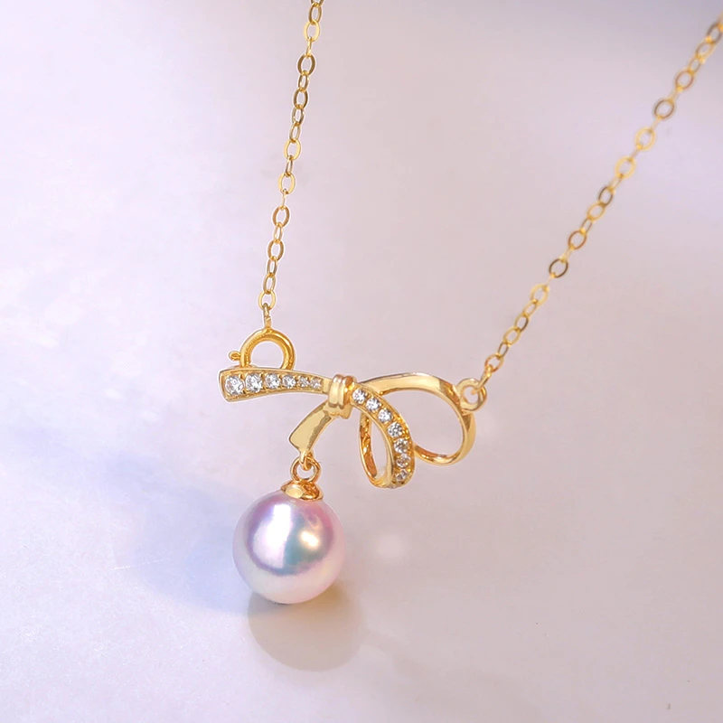 18K金媲美akoya海水珍珠项链蝴蝶结一款两带锁骨链天女级正圆强光