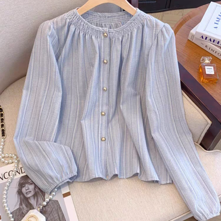 法式复古条纹长袖衬衫女2024春秋百搭单排扣宽松衬衣显瘦休闲