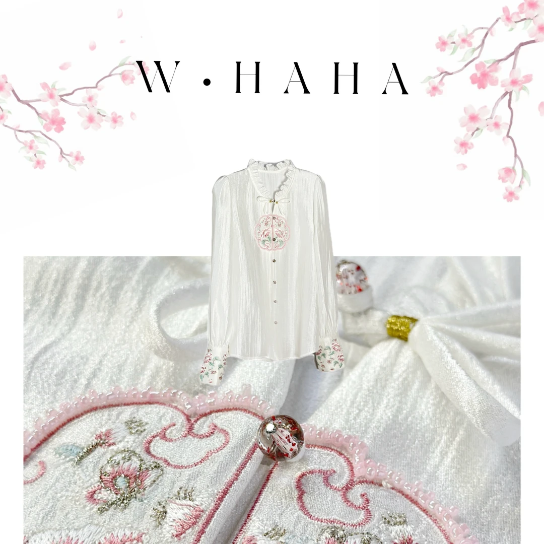 W·HAHA【回馈价】【春不晚】新中式绣花醋酸透气光泽感衬衫 51087