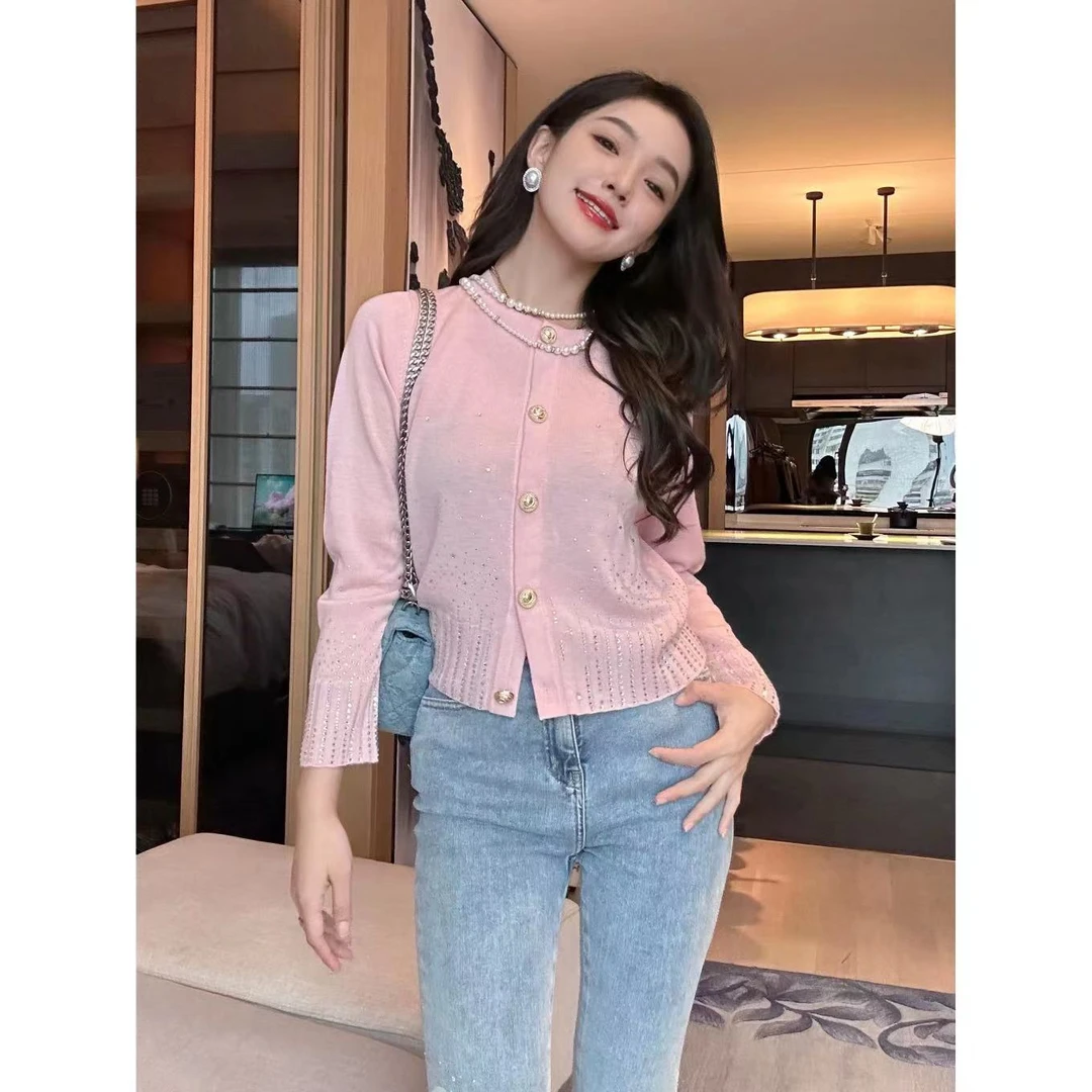 W·HAHA【星河遐想】高级感拼色镶钻金属扣针织气质圆领套装-3635