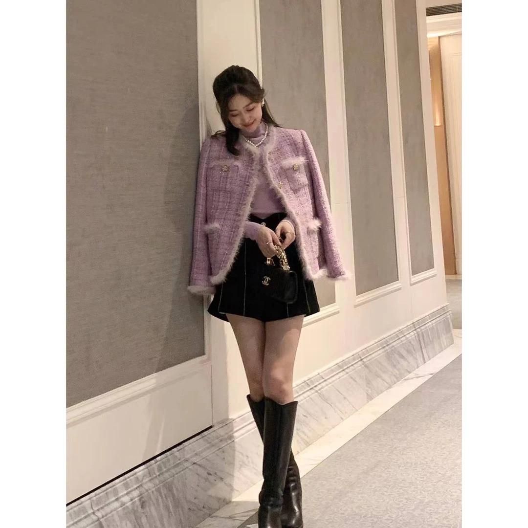 W·HAHA【回馈价】【柔雾香芋】高定手工水貂毛香风外套1077