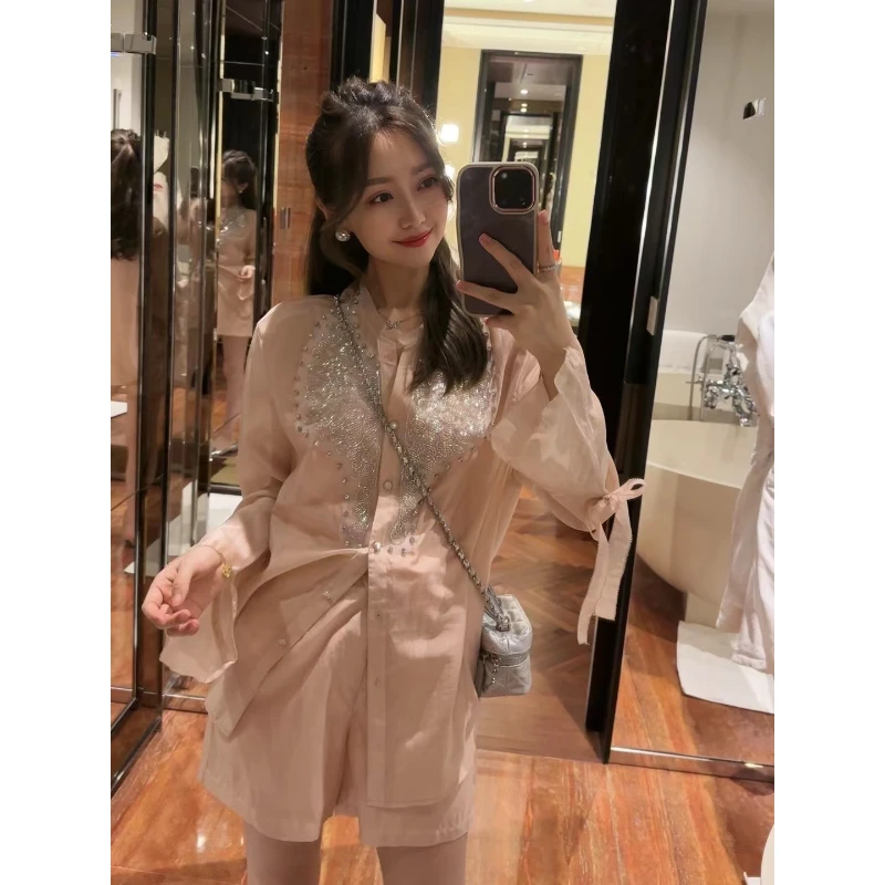 W·HAHA【回馈价】【月光石】轻奢风重工钉珠莱赛尔长袖短裤21603