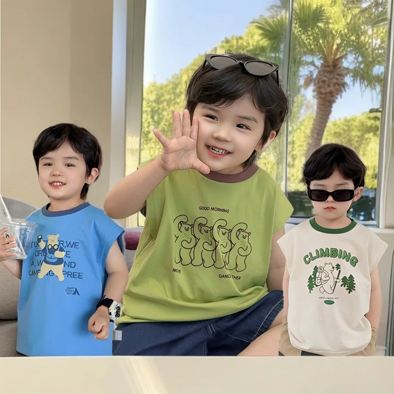 小熊背心男童无袖T恤夏装夏新款婴儿童装宝宝小童夏季上衣潮X4310