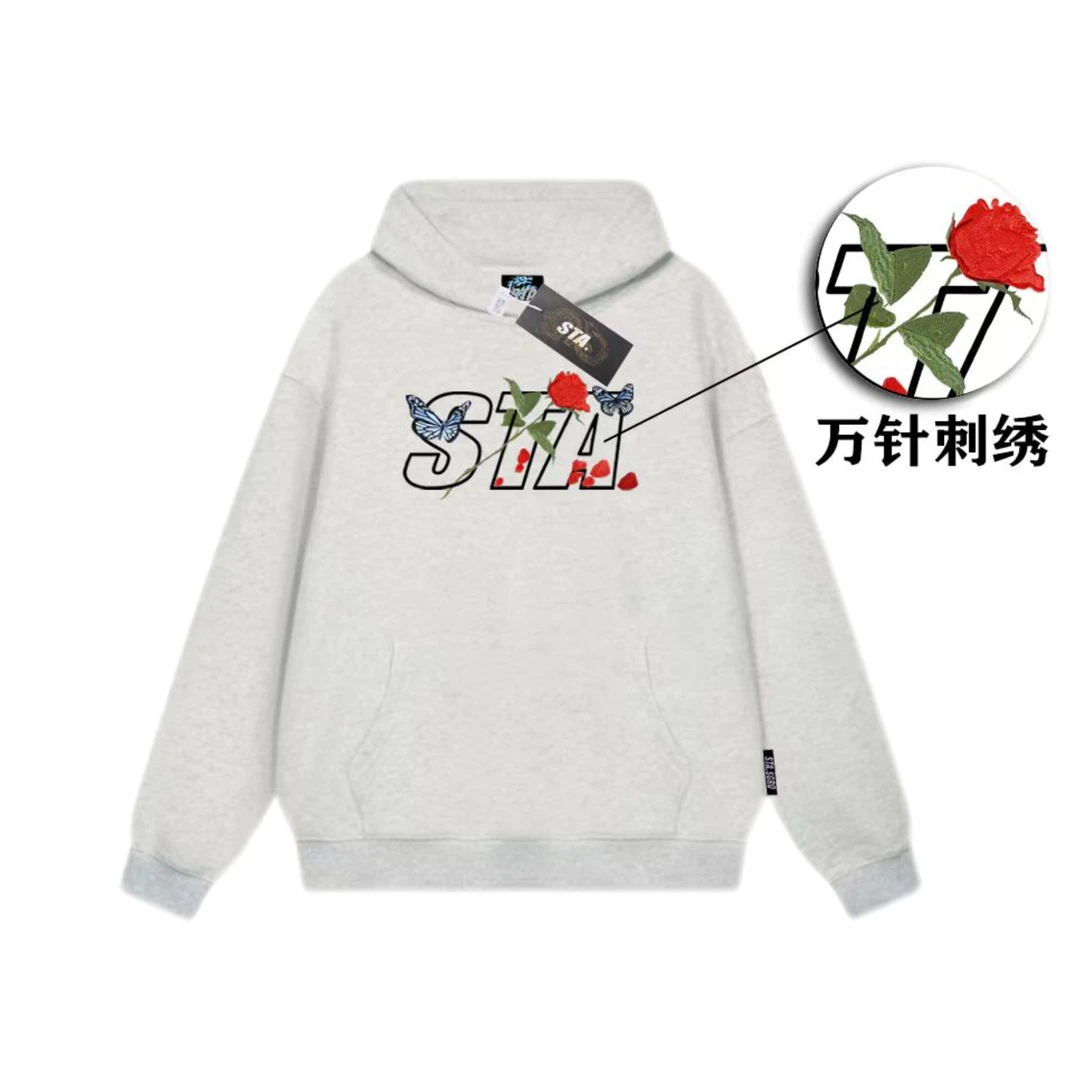 STA新品玫瑰字母刺绣连帽双层帽卫衣秋冬时尚潮流宽松情侣连帽衫