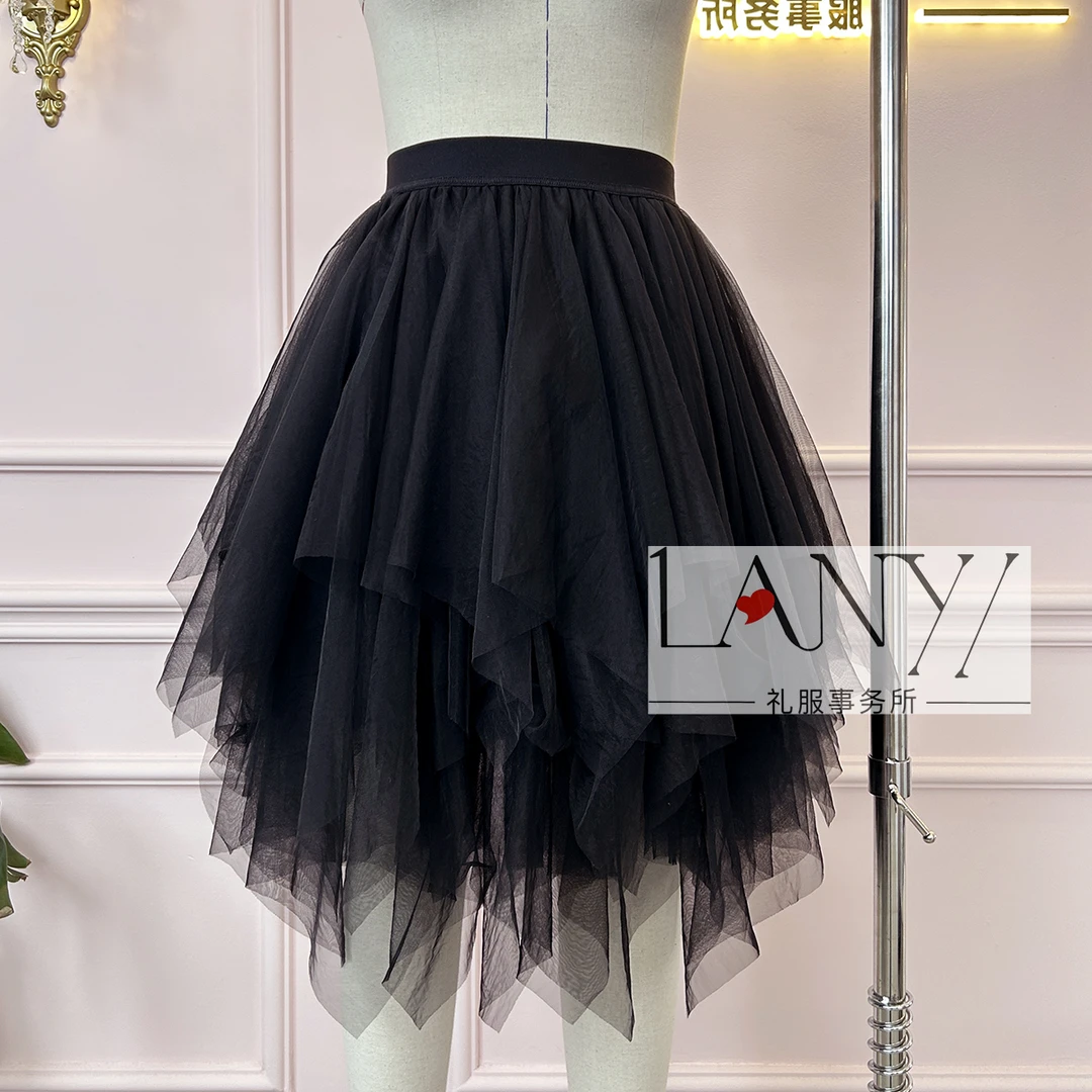 LANYI不规则中长弹力腰软网纱裙