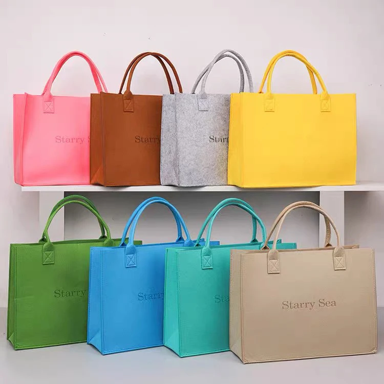 时尚英文纯色毛毡手提托特包大容量轻便环保购物百搭袋定制logo