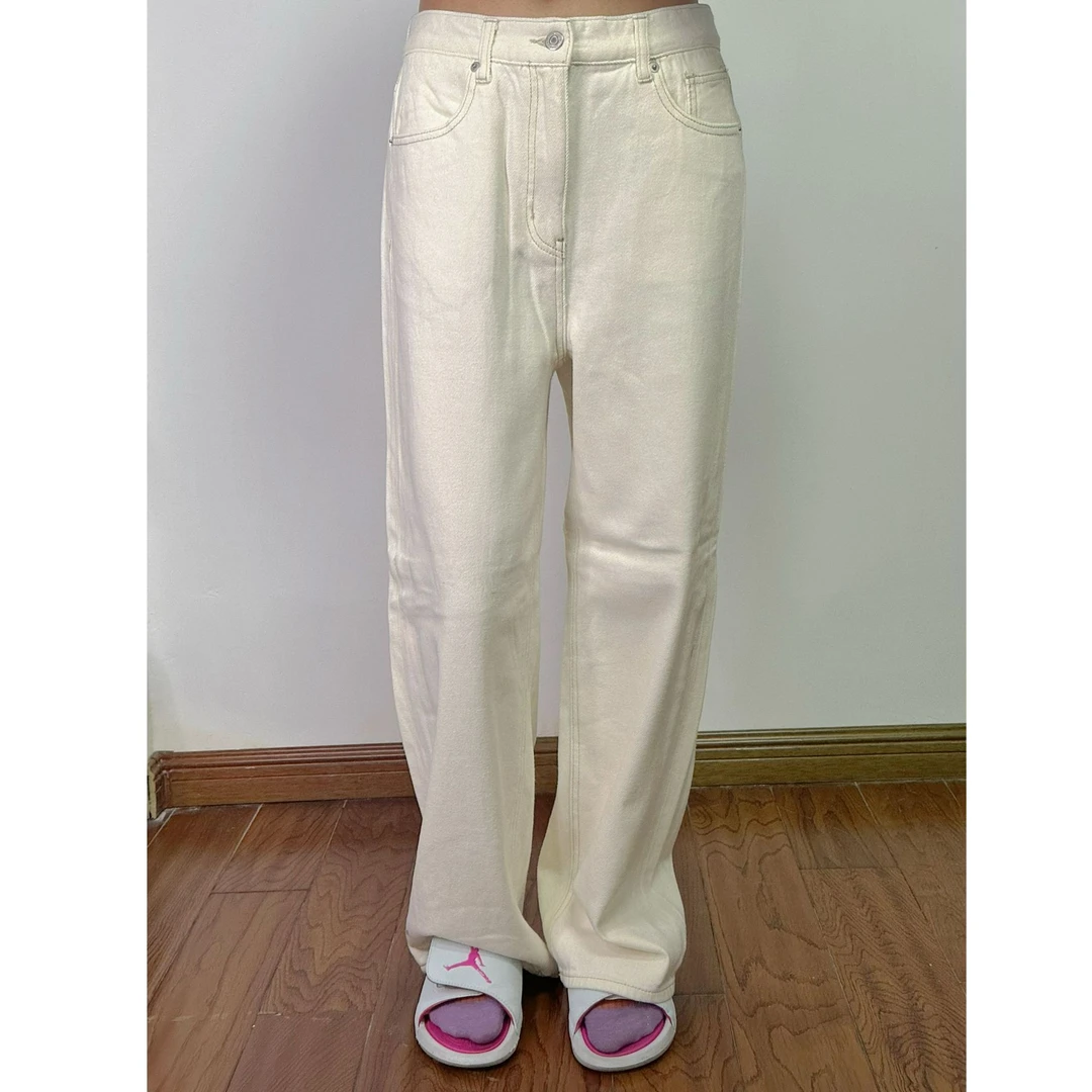 【阿海家】米白色薄绒直筒裤