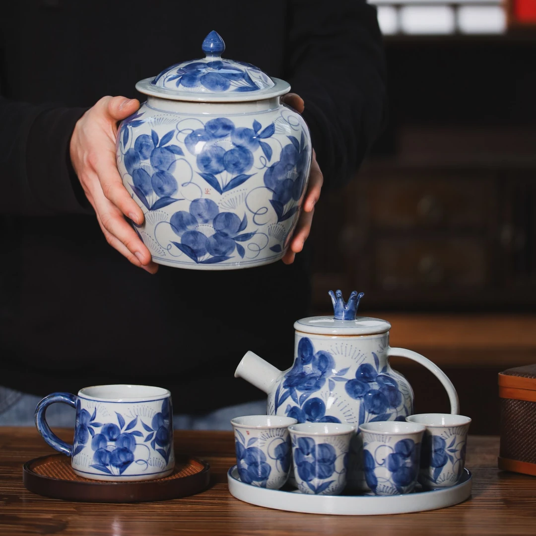 【冰梅】青花瓷茶壶凉水壶茶叶罐纯手工大容量家用复古带盖中式茶具