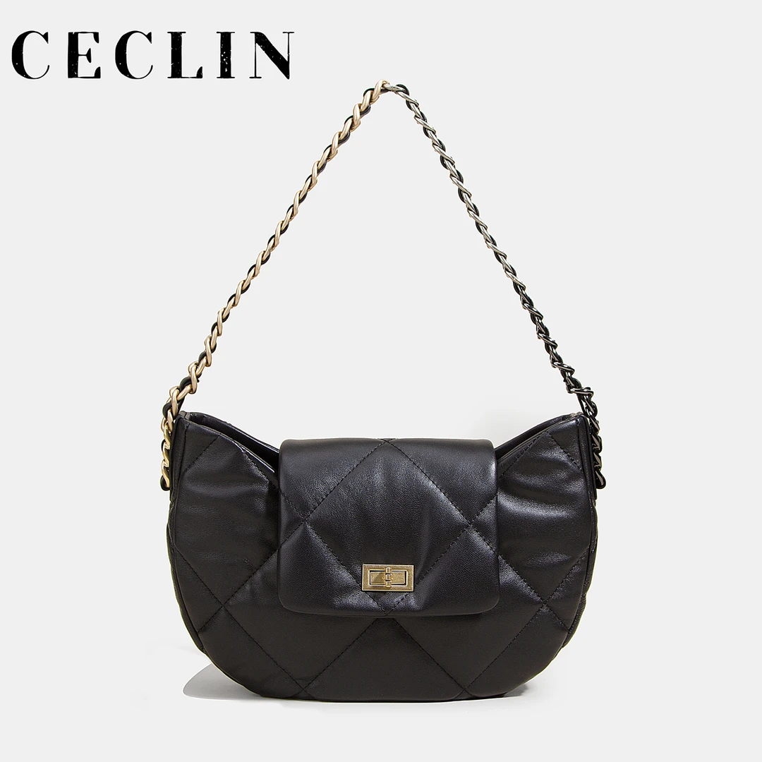 CECLIN小香风24C新款hobo腋下包真皮女包菱格链条包时尚百搭包包