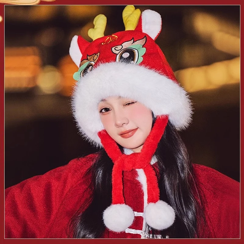 国潮民族风儿童帽子冬季红色醒狮麒麟毛绒帽子亲子加厚围巾防寒帽