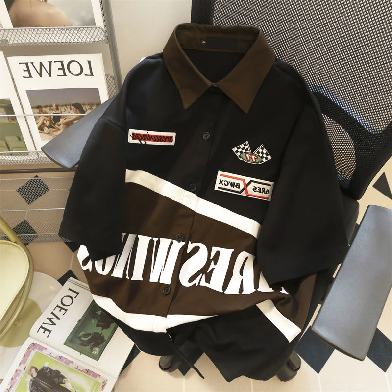 特大码300斤痞帅炸街工装衬衫男女装夏季ins港风国潮拼接短袖上衣