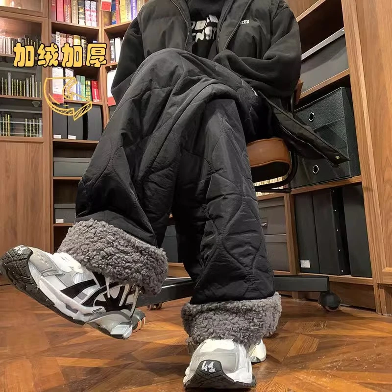 大码300斤加绒加厚抗寒棉裤男冬防风防水滑雪菱形格夹棉工装裤ins