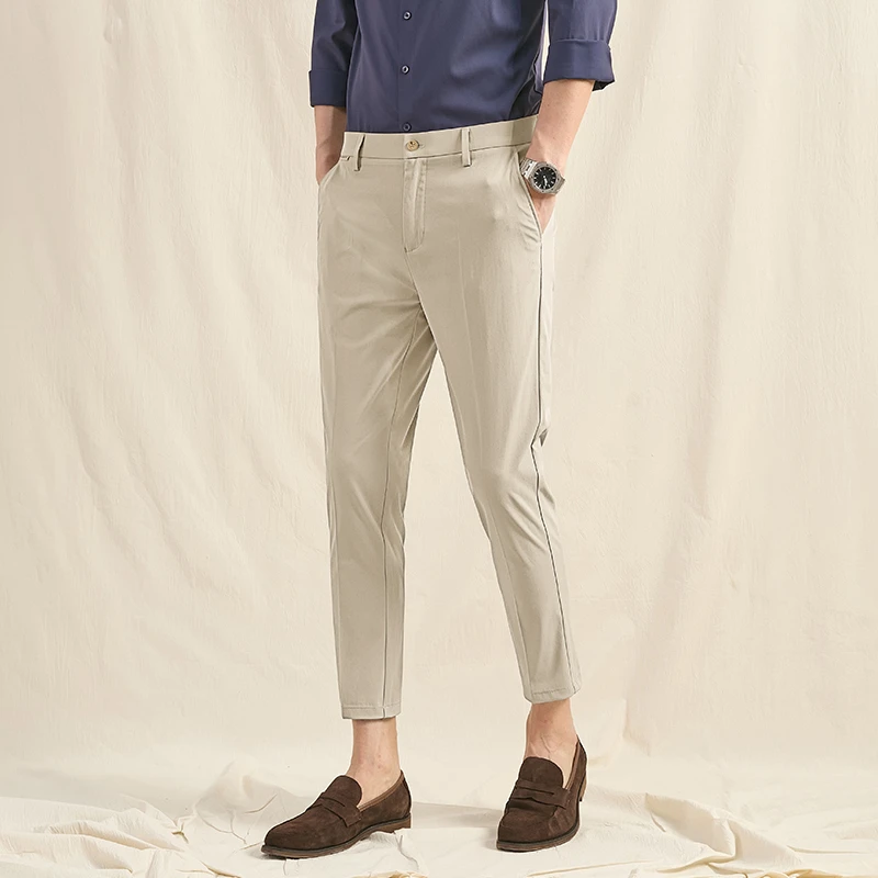 高端男士休闲西裤抗皱免烫松紧腰九分裤夏季薄款松紧腰修身小脚裤