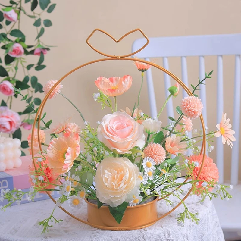 铁艺手提篮玫瑰雏菊满天星假花花篮插花客厅餐桌玫瑰花花艺装饰XY