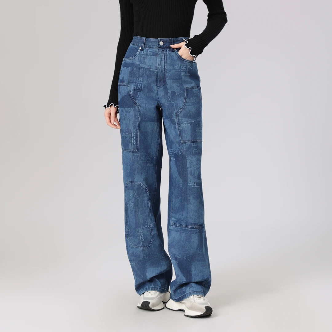 AMASS/阿玛施秋冬新款复古宽松显瘦水洗高腰直筒牛仔裤5100475