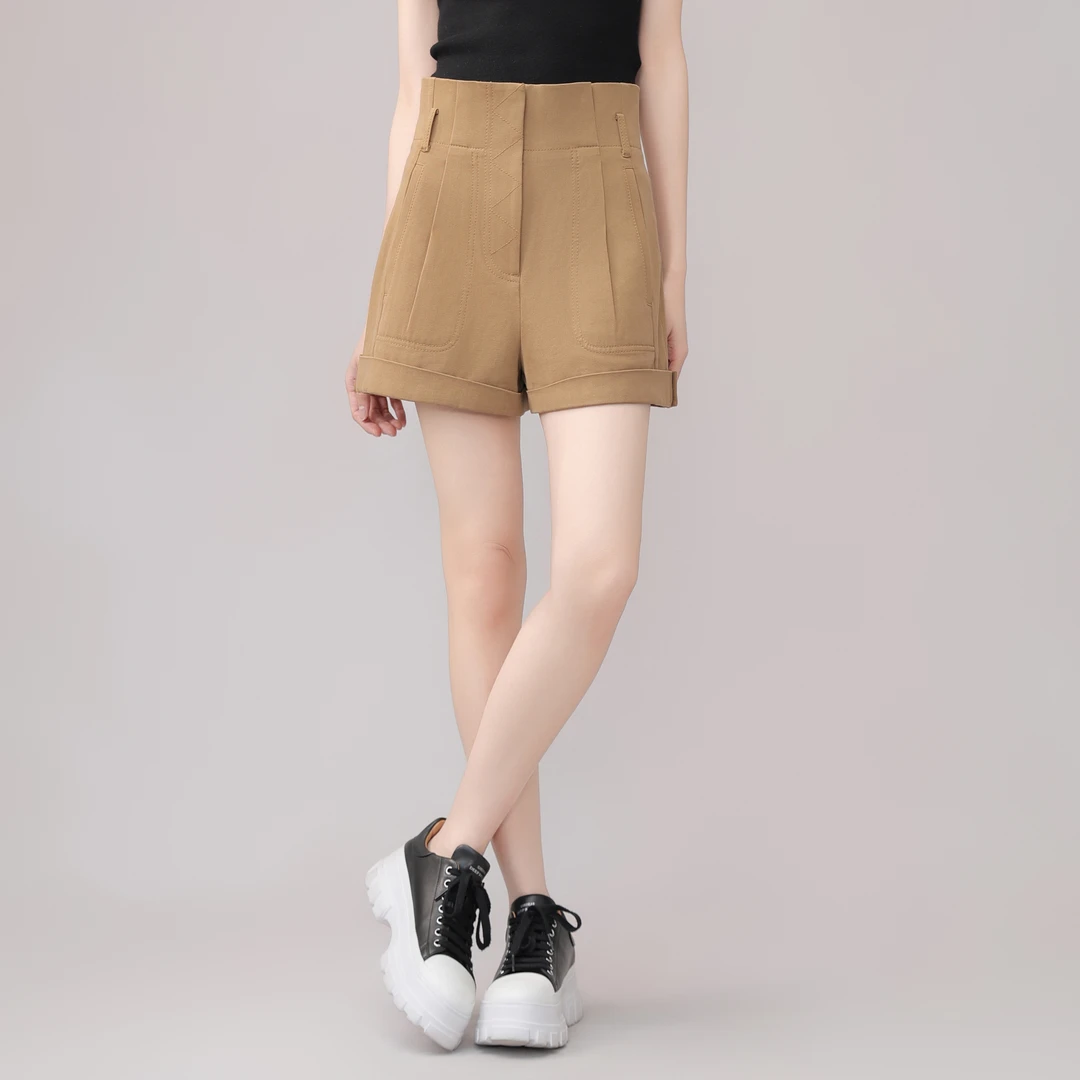 AMASS/阿玛施夏日穿搭高腰裤百搭棉质褶线显瘦翻边短裤女5100361