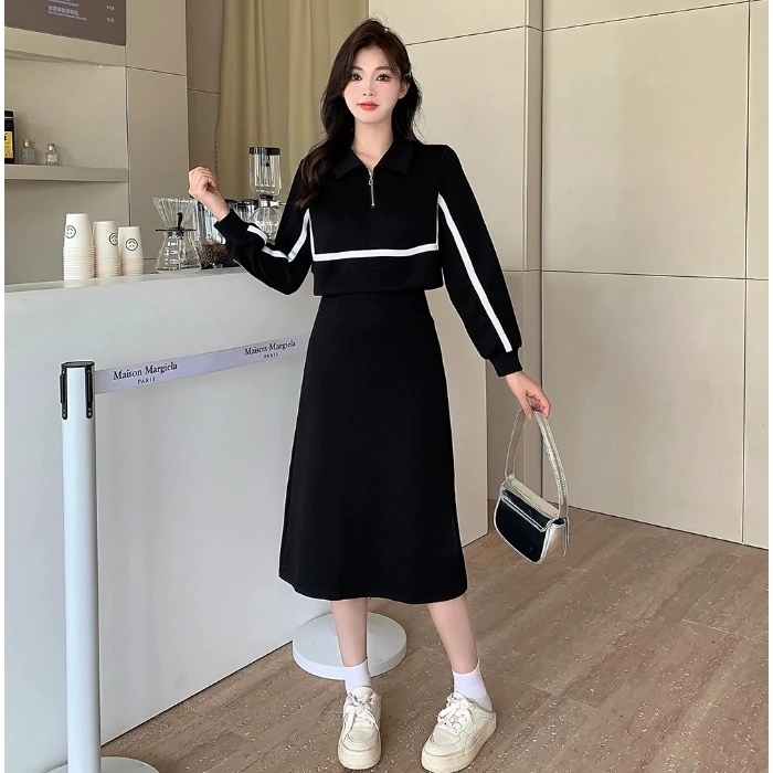 秋季大码微胖polo领假两件长袖连衣裙显瘦遮肚胖MM藏肉中长裙1617