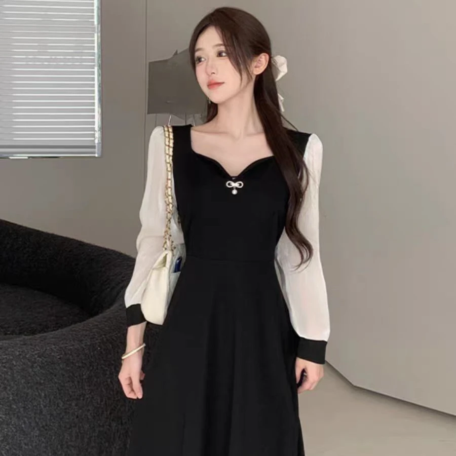 大码法式温柔方领连衣裙假两件胖mm收腰显瘦a字裙1438