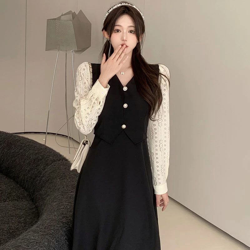 （现货）秋季法式假两件收腰遮肚显瘦连衣裙胖MM赫本风小黑裙1213