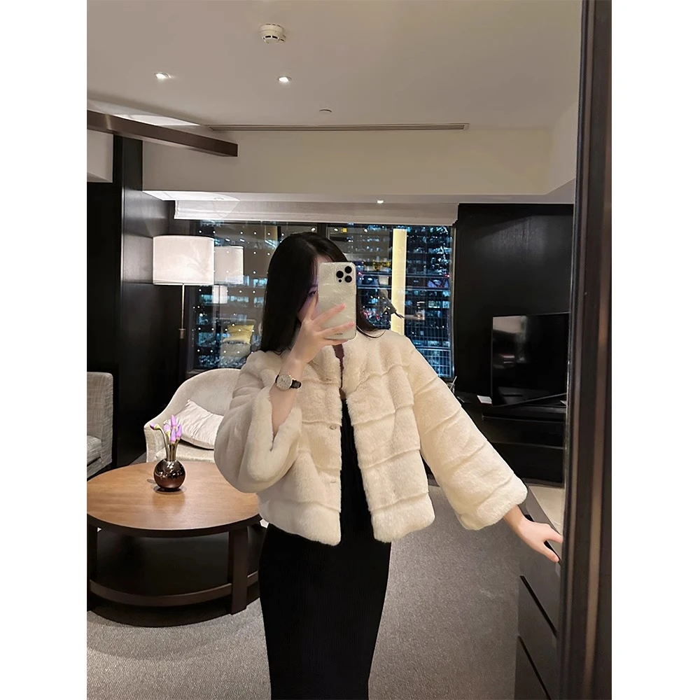 2025新款冬季精致贵气姐姐七分袖环保水貂毛小立领短款毛毛外套