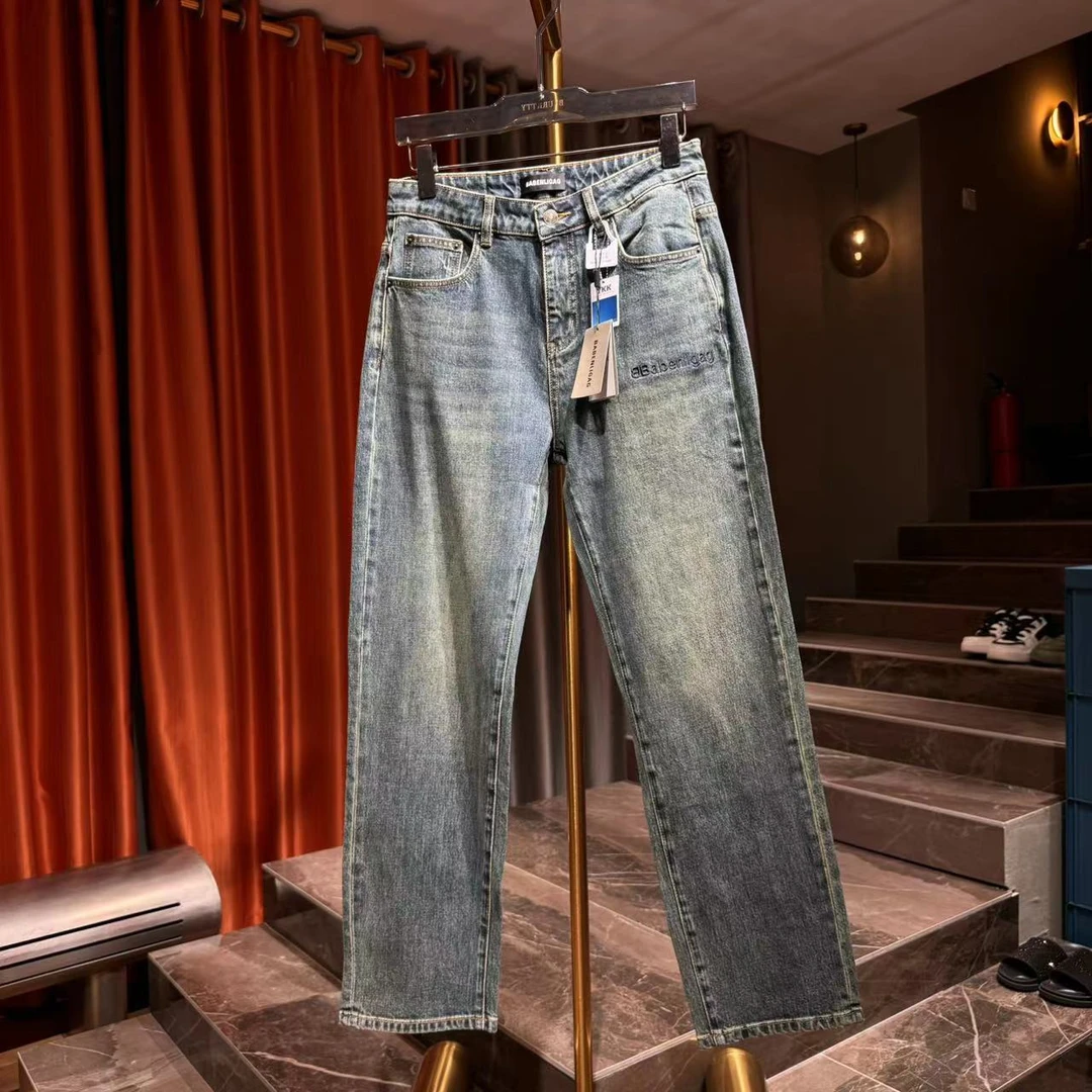 【奢潮定制】夏新款8503男款蓝色直筒潮牌字母印花装饰潮流牛仔裤