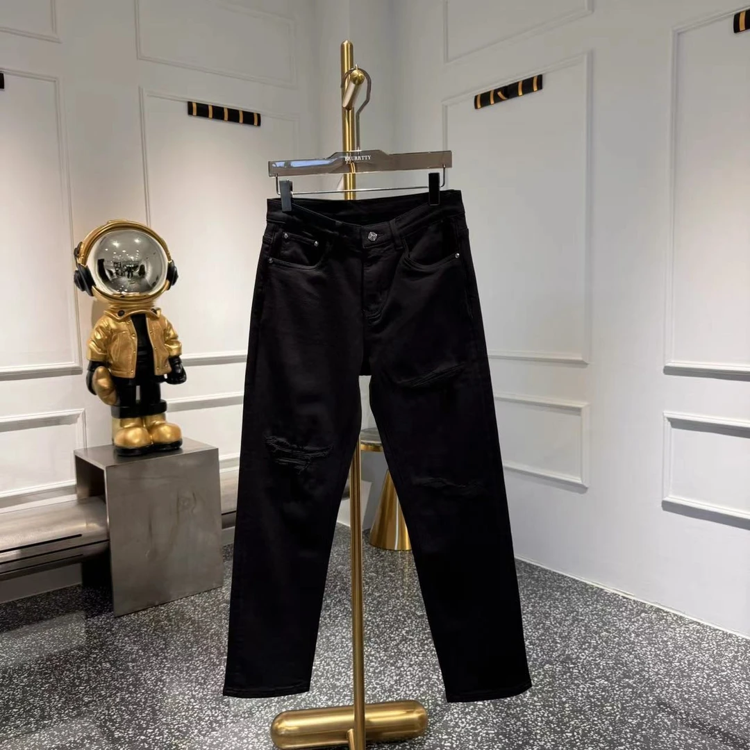 【奢潮定制】秋季 85747-1 黑色破洞百搭潮牌时尚直筒男牛仔裤子