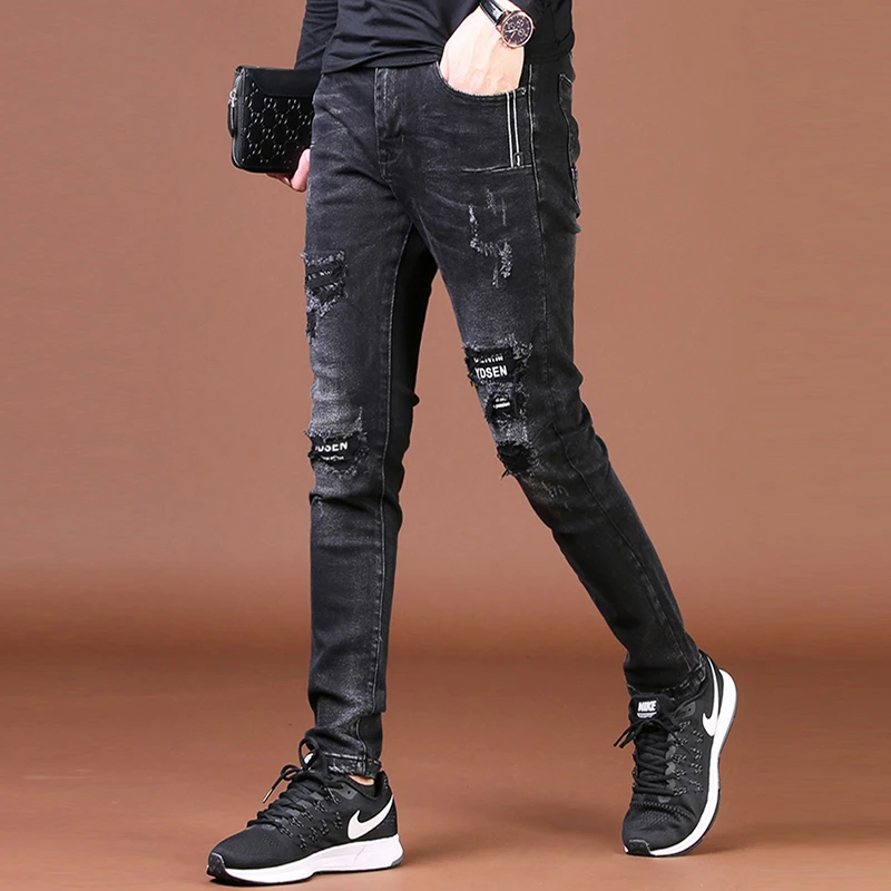 潮牌破洞男士牛仔裤男款秋季修身小脚弹力爆款2024新款休闲裤子男