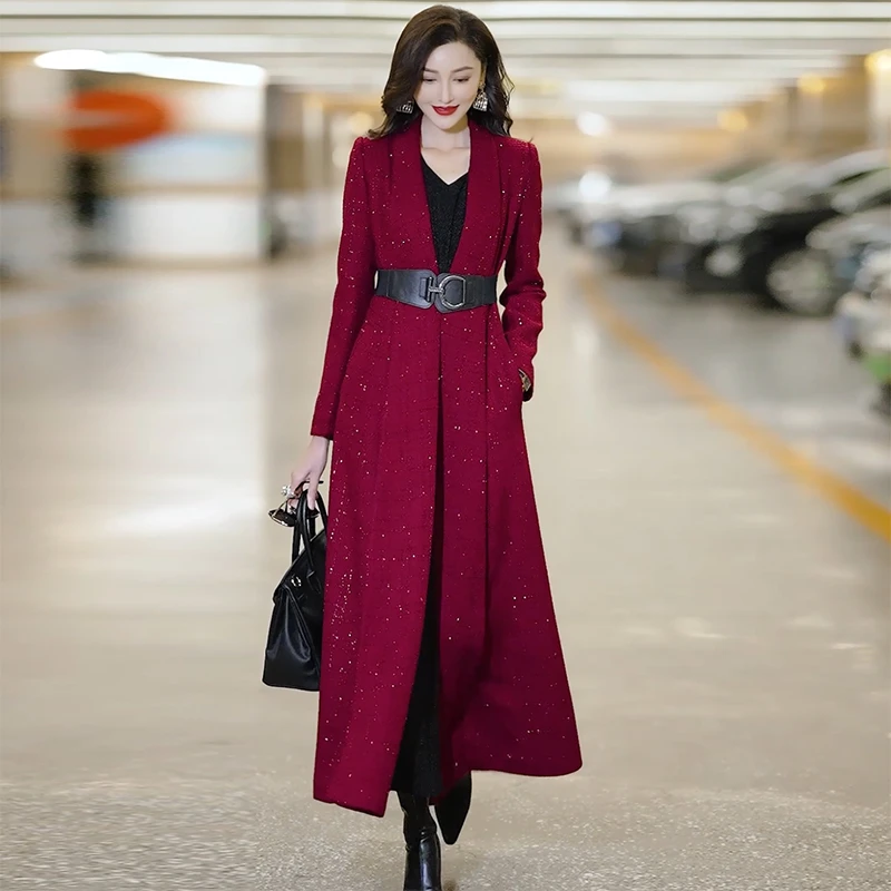 新款小香风修身保暖宽领酒红色外套女大衣WF2013