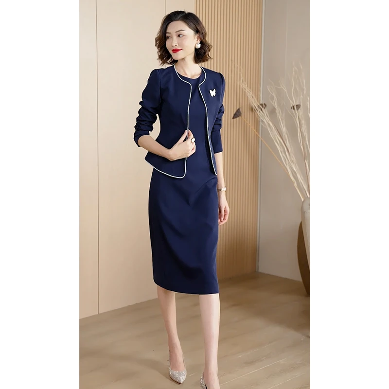 时尚修身显瘦职业女装2024新款蓝色通勤夏季气质连衣裙套装WF4003
