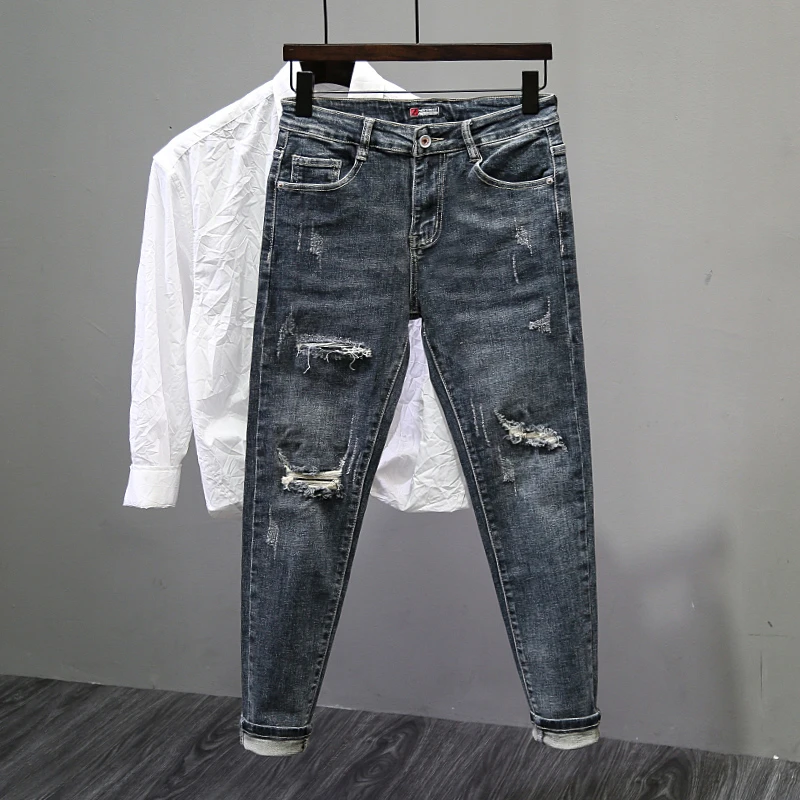 破洞牛仔裤男2025春秋薄款韩版潮流修身小脚痞帅百搭高街长裤子